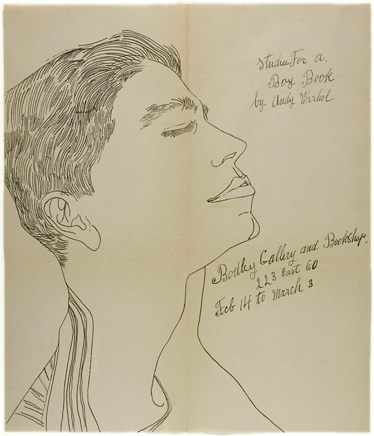 Andy Warhol (American, 1928-1987) 'Studies for a Boy Book' exhibition announcement for Bodley Gallery c. 1956