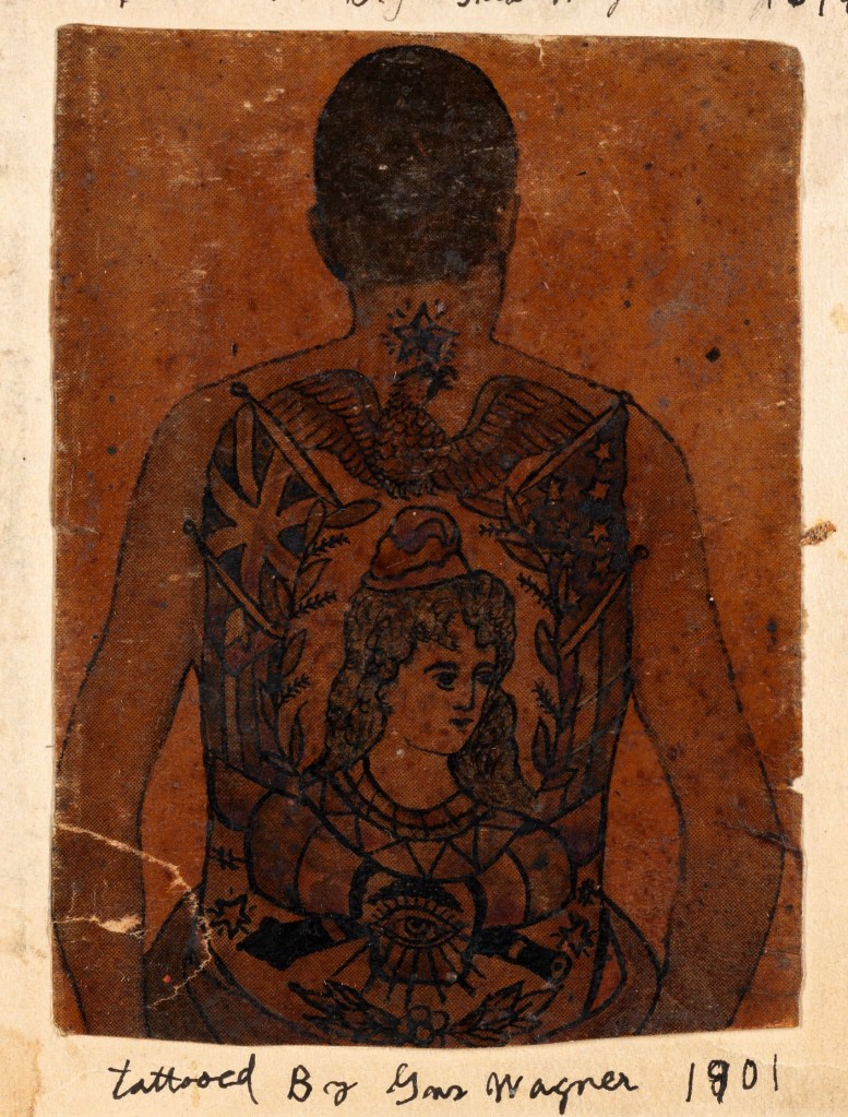 Augustus "Gus" Wagner (American, 1872-1941) "tattooed by Gus Wagner 1901" 1901 from 'Pages from "Souvenirs of the Travels and Experiences of the Original Gus Wagner, Globe Trotter & Tattoo Artist" scrapbook' c. 1897-1941 (detail)