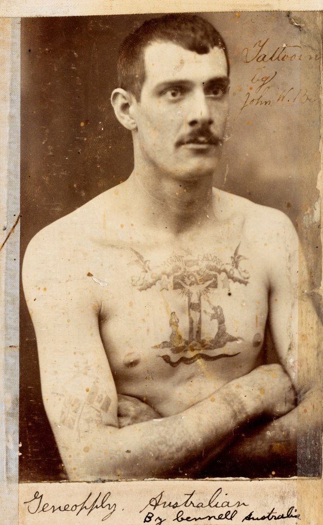 Augustus "Gus" Wagner (American, 1872-1941) "Jeneoffly (?). Australian By bennell Australia. Tattooed by John W. Bennell" c. 1901 from 'Pages from "Souvenirs of the Travels and Experiences of the Original Gus Wagner, Globe Trotter & Tattoo Artist" scrapbook' c. 1897-1941 (detail)