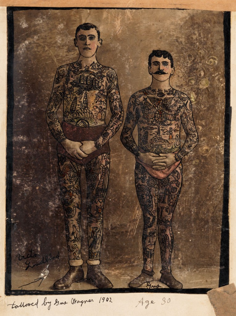 Augustus "Gus" Wagner (American, 1872-1941) "Victor Lundblad (?) tattooed by Gus Wagner 1902 (left) and Gus Age 30 (right) 1902" from 'Pages from "Souvenirs of the Travels and Experiences of the Original Gus Wagner, Globe Trotter & Tattoo Artist" scrapbook' c. 1897-1941 (detail)