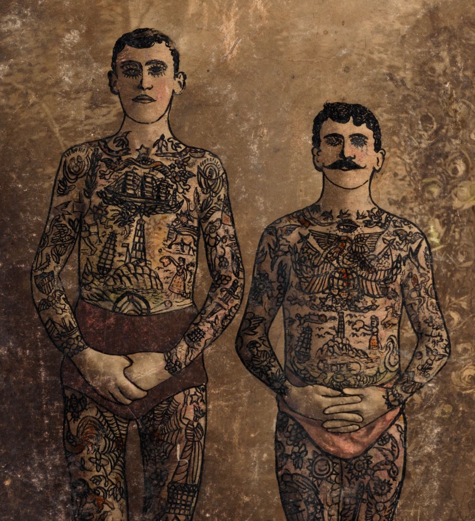 Augustus "Gus" Wagner (American, 1872-1941) "Victor Lundblad (?) tattooed by Gus Wagner 1902 (left) and Gus Age 30 (right) 1902" from 'Pages from "Souvenirs of the Travels and Experiences of the Original Gus Wagner, Globe Trotter & Tattoo Artist" scrapbook' c. 1897-1941 (detail)