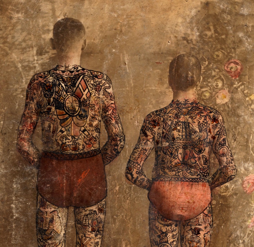 Augustus "Gus" Wagner (American, 1872-1941) "Victor Lundblad (?) tattooed by Gus Wagner 1902 (left) and Gus Age 30 (right) 1902" from 'Pages from "Souvenirs of the Travels and Experiences of the Original Gus Wagner, Globe Trotter & Tattoo Artist" scrapbook' c. 1897-1941 (detail)