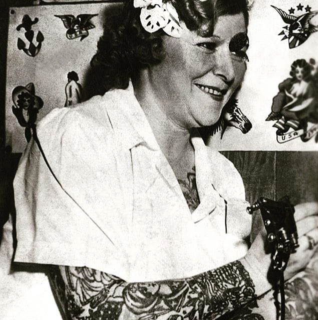 Unknown photographer. 'Untitled [Millie Hull tattooing in her studio]' Nd