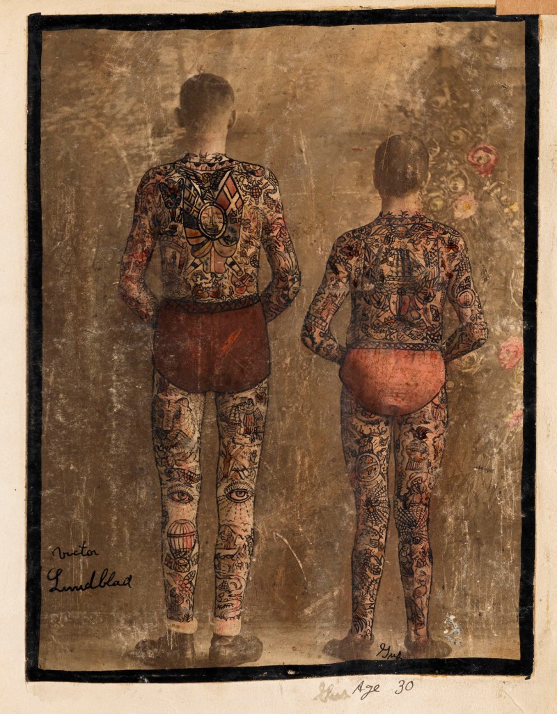Augustus "Gus" Wagner (American, 1872-1941) "Victor Lundblad (?) tattooed by Gus Wagner 1902 (left) and Gus Age 30 (right) 1902" from 'Pages from "Souvenirs of the Travels and Experiences of the Original Gus Wagner, Globe Trotter & Tattoo Artist" scrapbook' c. 1897-1941