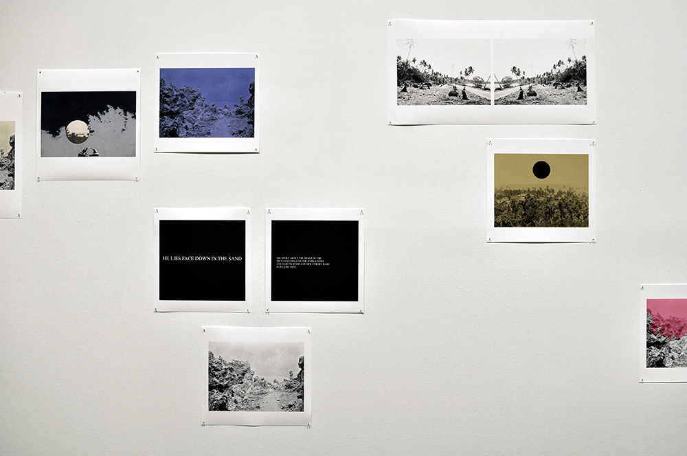 Installation view of the exhibition 'Under the sun Reimagining Max Dupain's 'Sunbaker'' at Monash Gallery of Art, Melbourne showing Sara Oscar's 'Pleasant Island (The Pacific Solution)' (2017)