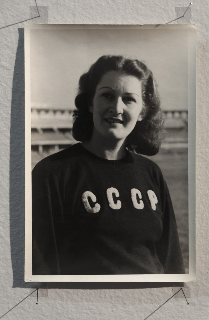 Installation view of the exhibition 'An Unorthodox Flow of Images' at the Centre for Contemporary Photography (CCP), Melbourne, September - November 2017 showing (139) photographer unknown. 'Nina Dumbadze, Honoured Master of Sports of the USSR, world champion in discus throwing from the series Women of the Soviet Georgia' c. 1953
