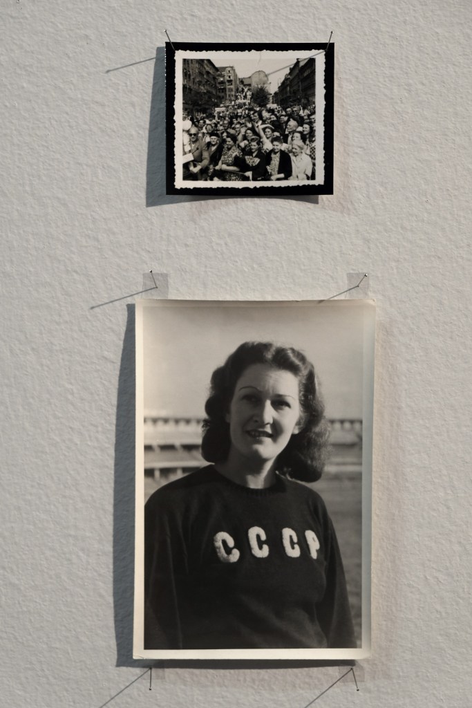 Installation view of the exhibition 'An Unorthodox Flow of Images' at the Centre for Contemporary Photography (CCP), Melbourne, September - November 2017 showing (138) Joyce Evans' 'Budapest Festival' 1949 (top) and (139) photographer unknown. 'Nina Dumbadze, Honoured Master of Sports of the USSR, world champion in discus throwing from the series Women of the Soviet Georgia' c. 1953 (bottom)