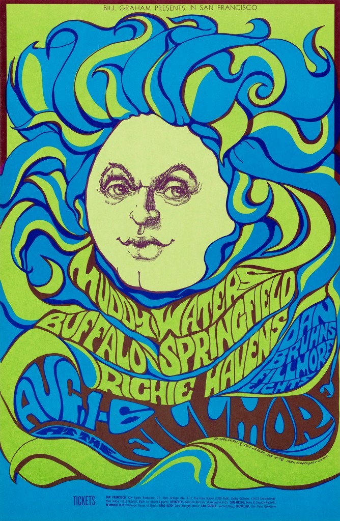 Bonnie MacLean (American, 1939-2020) 'Muddy Waters, Buffalo Springfield, Richie Havens (Fillmore Auditorium, 1-6 August 1967)' 1967 from the exhibition 'The Summer of Love: Photography and Graphic Design' at the Museum of Fine Arts, Boston, July - Oct, 2017