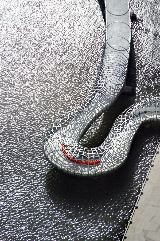 John Gollings (Australian, b. 1944) 'Webb Bridge (Robert Owen with Denton Corker Marshall), Docklands, Victoria' 2003 from the exhibition 'John Gollings: The history of the built world' at the Monash Gallery of Art, Wheelers Hill, Melbourne, Dec 2017 - March 2018