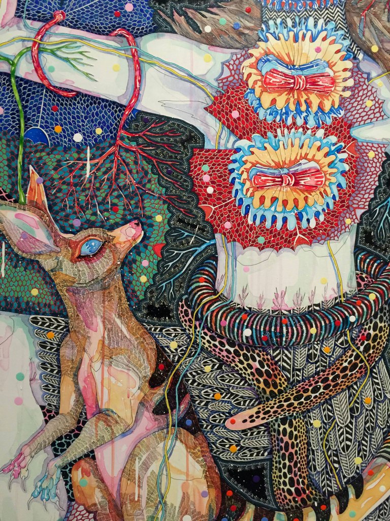 Installation view of 'Del Kathryn Barton: The Highway is a Disco' at the Ian Potter Centre: NGV Australia featuring a detail from the work 'or fall again' (2014)