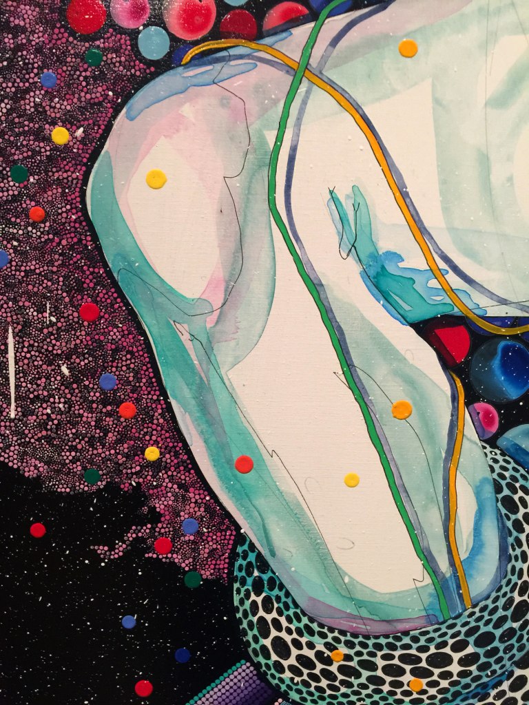 Installation view of 'Del Kathryn Barton: The Highway is a Disco' at the Ian Potter Centre: NGV Australia featuring a detail from the work 'in the face of cosmic odds' (2016)