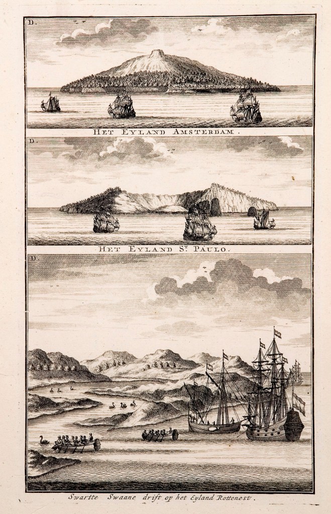Victor Victorszoon (draughtsman) Johannes van Keulen II. 'Amsterdam Island, St Paul Island, Black swans near Rottnest Island' c. 1724-1726