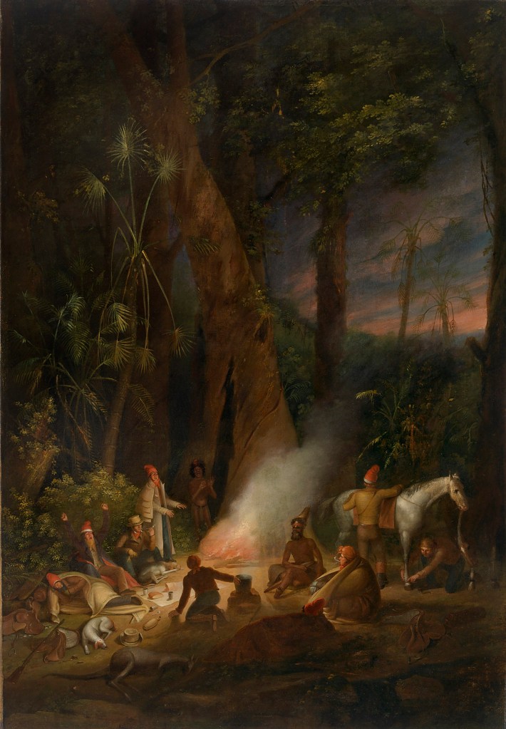 Augustus Earle (England 1793-1838, Brazil 1820-24, Australia 1825-28) 'A bivouac of travellers in Australia in a cabbage-tree forest, day break' c. 1838