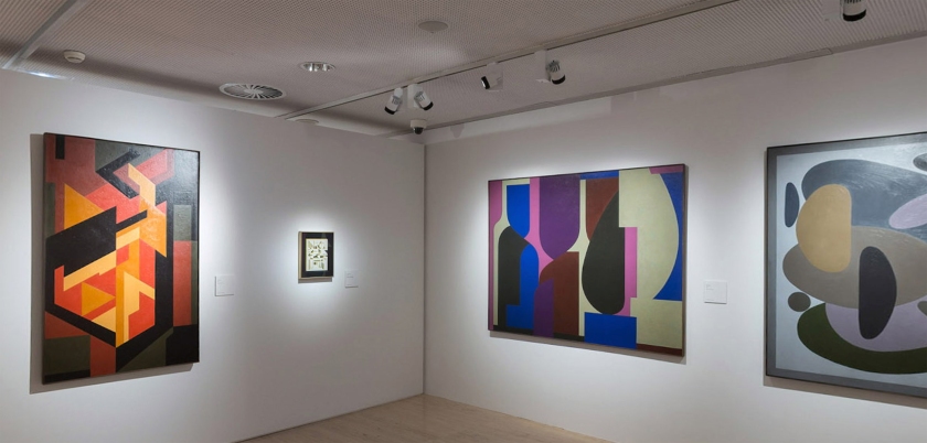 Installation view of the exhibition 'Victor Vasarely. The Birth of Op Art' at the Museo Nacional Thyssen-Bornemisza, Madrid showing from left, the works 'Lan 2', 1953; 'Amir (Rima)' 1953; and 'Vessant', 1952