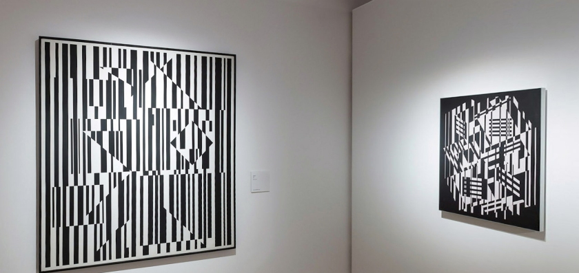 Installation view of the exhibition 'Victor Vasarely. The Birth of Op Art' at the Museo Nacional Thyssen-Bornemisza, Madrid showing from left, the works 'Taymir II', 1956 and 'Afa III', 1957-1973