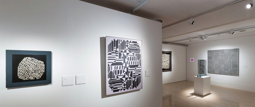 Installation view of the exhibition 'Victor Vasarely. The Birth of Op Art' at the Museo Nacional Thyssen-Bornemisza, Madrid showing from left, the works 'Nethe', 1964; 'Noorum', 1960-1977 and 'Tlinko-F', 1956-1962
