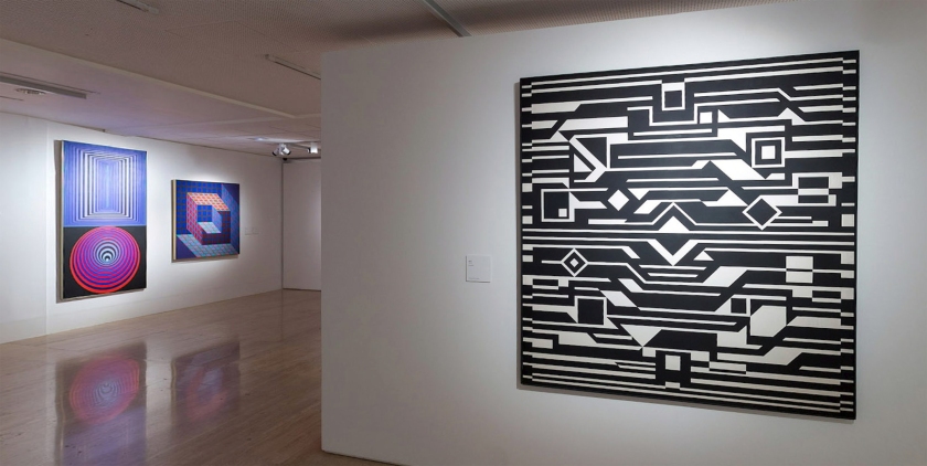 Installation view of the exhibition 'Victor Vasarely. The Birth of Op Art' at the Museo Nacional Thyssen-Bornemisza, Madrid showing from left, the works 'Doupla', 1970-1975; 'Kotzka', 1973-1976 and 'Gixeh', 1955-1962