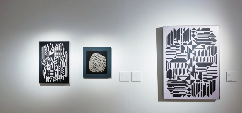 Installation view of the exhibition 'Victor Vasarely. The Birth of Op Art' at the Museo Nacional Thyssen-Bornemisza, Madrid showing from left, the works 'Afa III', 1957-1973 'Nethe', 1964; 'Noorum', 1960-1977