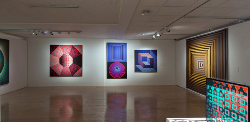 Installation view of the exhibition 'Victor Vasarely. The Birth of Op Art' at the Museo Nacional Thyssen-Bornemisza, Madrid showing from left, 'Bi-Octans', 1979; 'Doupla', 1970-1975; 'Kotzka', 1973-1976; 'Vonal-Fegn', 1968-1971 and 'Helios', 1964 (multiple)
