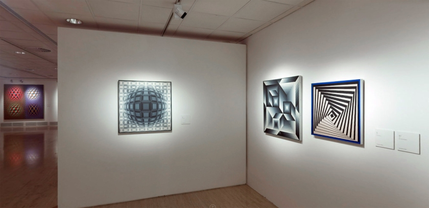 Installation view of the exhibition 'Victor Vasarely. The Birth of Op Art' at the Museo Nacional Thyssen-Bornemisza, Madrid showing from centre to right, the works 'Villog', 1979; 'Zila', 1981 and 'Pavo II', 1979