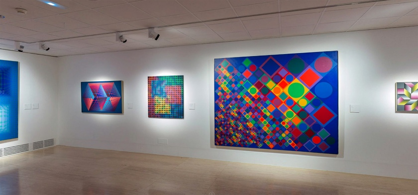 Installation view of the exhibition 'Victor Vasarely. The Birth of Op Art' at the Museo Nacional Thyssen-Bornemisza, Madrid showing from left 'Kekub', 1976-1978; 'Black Orion', 1970; 'Marsan-2', 1964-1974 and 'Eroed-Pre', 1978