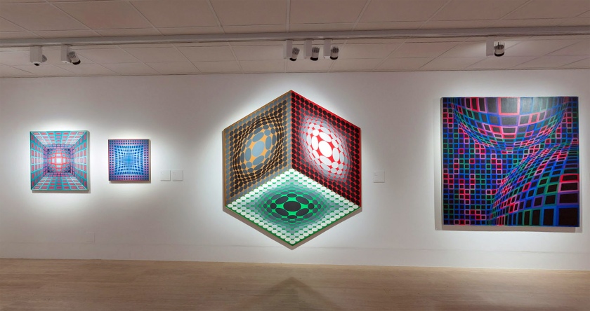 Installation view of the exhibition 'Victor Vasarely. The Birth of Op Art' at the Museo Nacional Thyssen-Bornemisza, Madrid showing from left 'Yllus', 1978; 'V.P. 102', 1979; 'Trybox', 1979 and 'Toro', 1973-1974