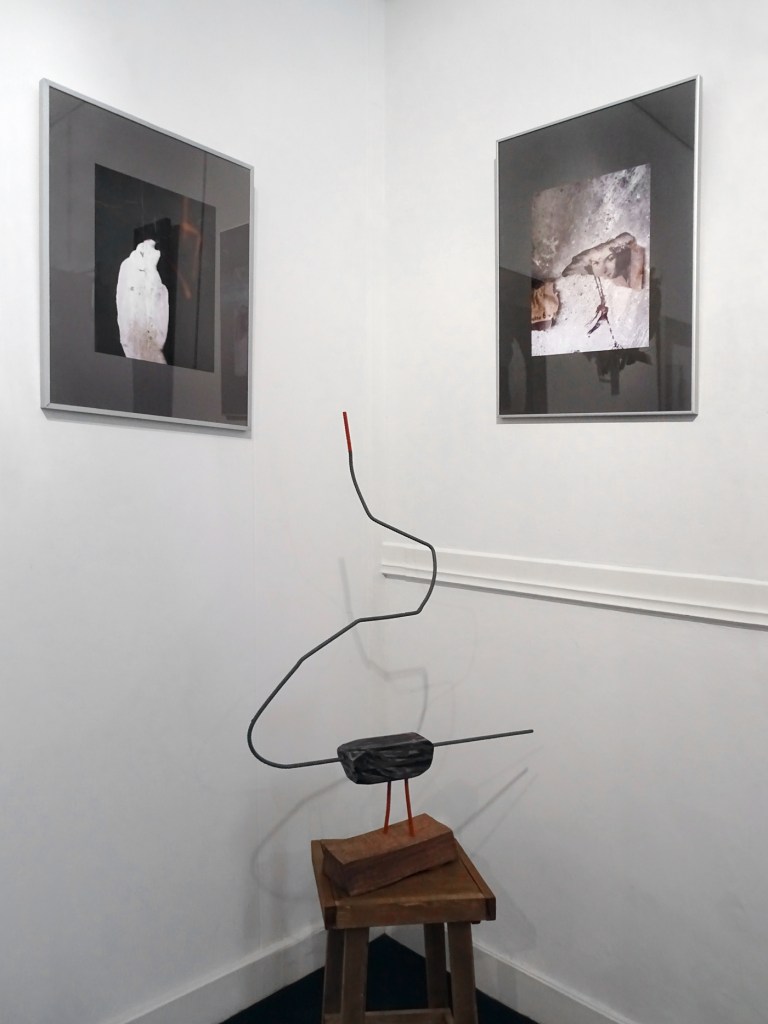 Installation view of the exhibition 'Now, the new form of the past' at Kunstwerk! Liemers Museum, Netherlands showing Drager Meurtant's work 'Swan in essence' (2014) at centre, with Petra Senn's 'Insubordination' (2017) top left and 'someone from the past I' (Nd) top right