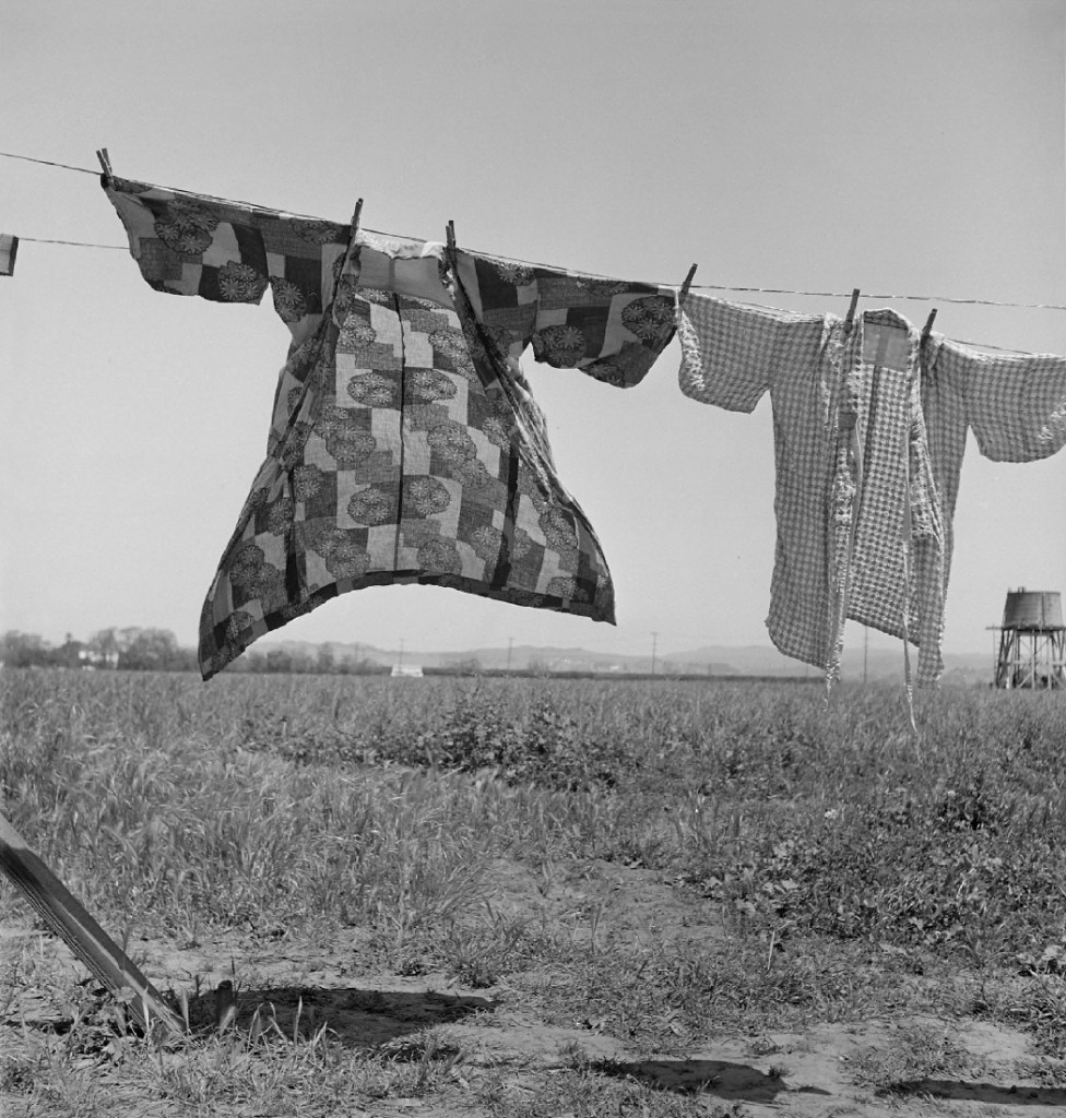 Dorothea Lange (American, 1895-1966) 'Jour de lessive, quarante-huit heures avant l’évacuation des personnes d’ascendance japonaise de ce village agricole du comté de Santa Clara, San Lorenzo, Californie' 'Laundry day, forty-eight hours before the evacuation of people of Japanese descent from this farming village of Santa Clara County, San Lorenzo, California' 1942