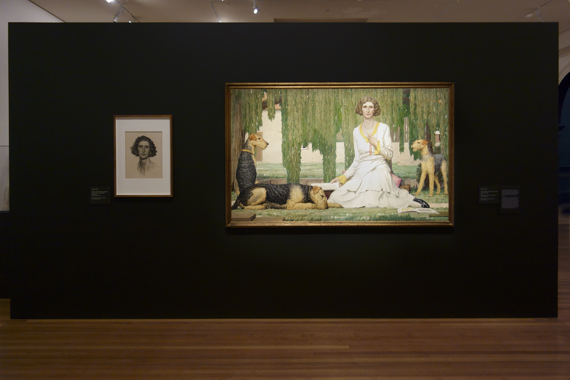 Installation view of the exhibition 'Daughters of the Sun' showing the work 'Christian Waller with Baldur, Undine and Siren at Fairy Hills' by Napier Waller, 1932 Installation view of the exhibition 'Daughters of the Sun' showing the work 'Christian Waller with Baldur, Undine and Siren at Fairy Hills' by Napier Waller, 1932