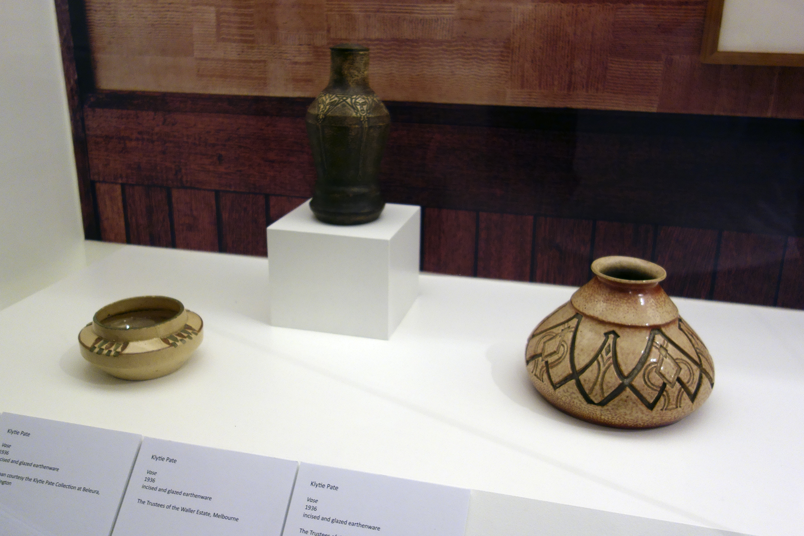 Installation view of the exhibition 'Daughters of the Sun' showing the ceramics of Klytie Pate Installation view of the exhibition 'Daughters of the Sun' showing the ceramics of Klytie Pate