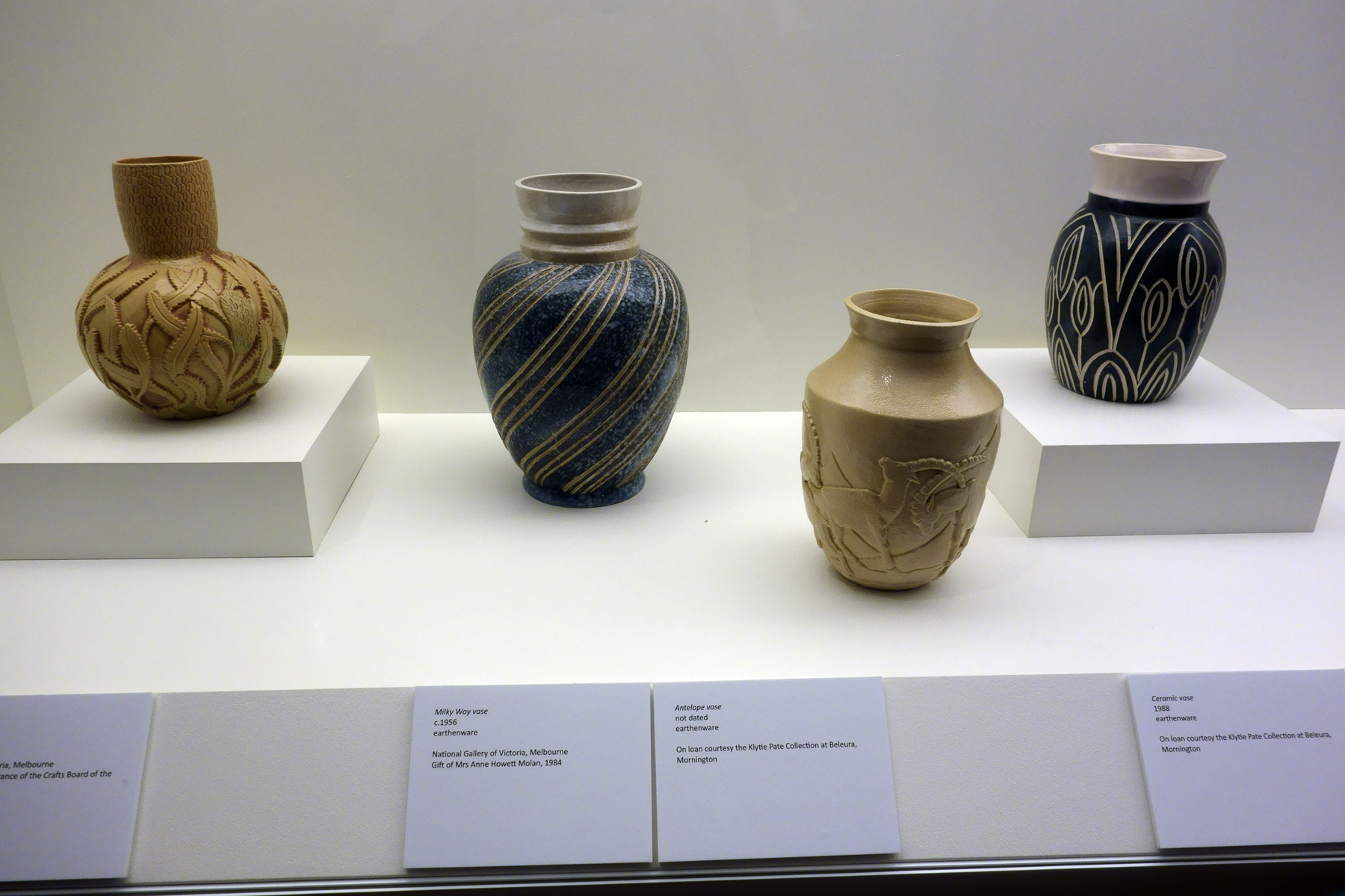 Installation view of the exhibition 'Daughters of the Sun' showing the ceramics of Klytie Pate Installation view of the exhibition 'Daughters of the Sun' showing the ceramics of Klytie Pate