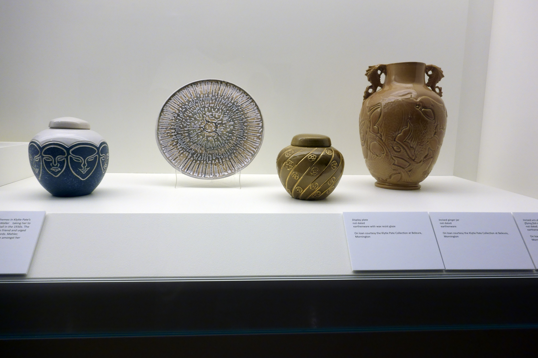 Installation view of the exhibition 'Daughters of the Sun' showing the ceramics of Klytie Pate Installation view of the exhibition 'Daughters of the Sun' showing the ceramics of Klytie Pate