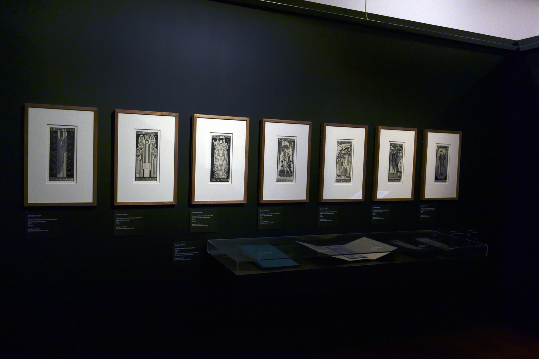 Installation view of the exhibition 'Daughters of the Sun' showing the 7 linocuts from 'The Great Breath: A book of seven designs' by Christian Waller, 1932 Installation view of the exhibition 'Daughters of the Sun' showing the 7 linocuts from 'The Great Breath: A book of seven designs' by Christian Waller, 1932