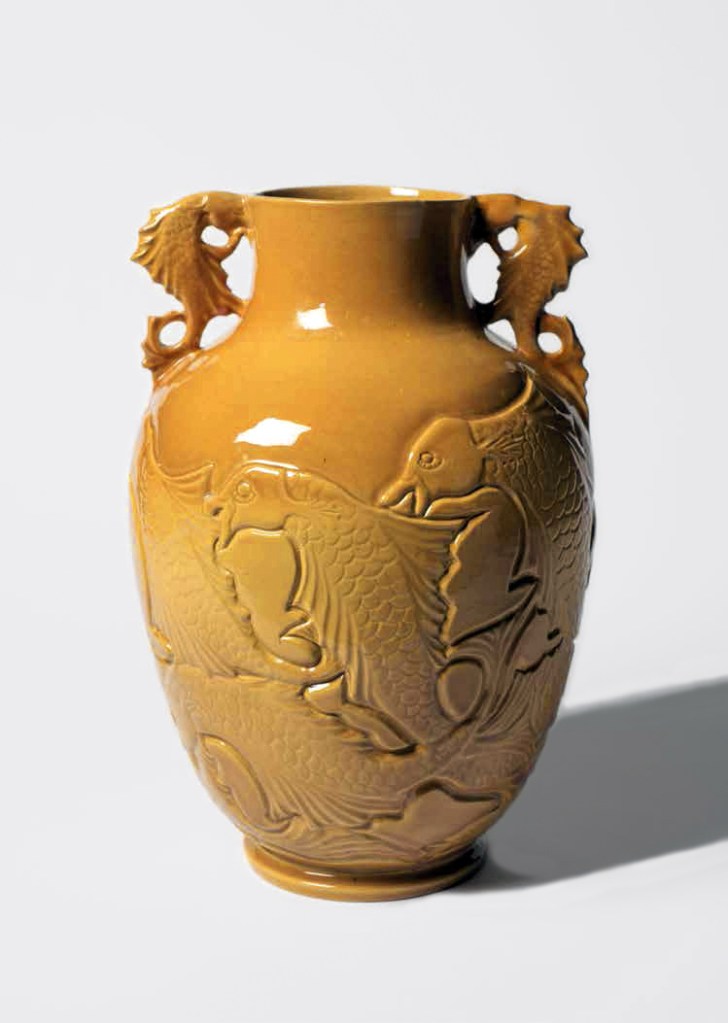 Klytie Pate (Australian, 1912-2010) 'Incised urn-shaped vase with carved seahorse lugs (flying fish motif)' Date unknown Klytie Pate (Australian, 1912-2010) 'Incised urn-shaped vase with carved seahorse lugs (flying fish motif)' Date unknown