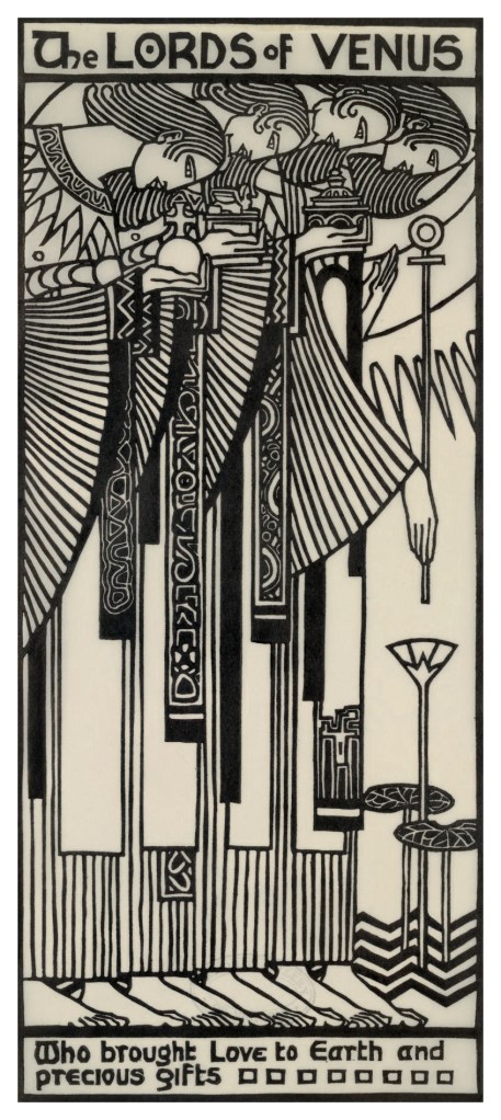 Installation view of the exhibition 'Daughters of the Sun' showing the 7 linocuts from 'The Great Breath: A book of seven designs' by Christian Waller, 1932 Christian Waller (Australian, 1894-1954) 'The Lords of Venus' from 'The Great Breath: A book of seven designs' 1932