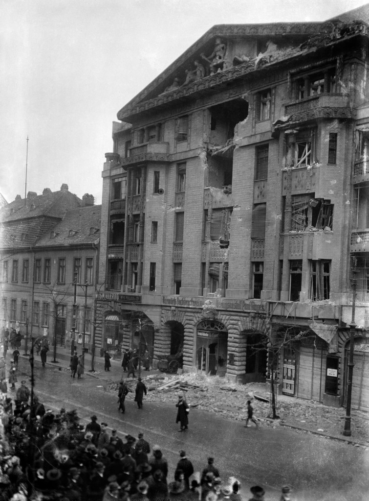 Willy Römer (German, 1887-1979) 'Fighting in the Berlin newspaper district. The Vorwärts building after being bombarded by government troops' [The Spartacist had barricaded themselves inside the Vorwärts building. The photo shows the Vorwärts building after an artillery assault by government troops] 11.1.1919