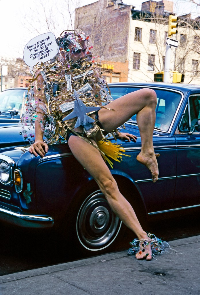 Greg Day (American, b. 1944) 'Stephen Varble in the Demonstration Costume with Only One Shoe (for the Chemical Bank Protest)' 22 March 1976, printed 2018 from the exhibition 'The Gutter Art of Stephen Varble: Genderqueer Performance Art in the 1970s, photographs by Greg Day' at ONE Gallery, West Hollywood, California, March - May, 2025
