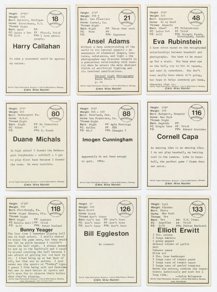 Mike Mandel (American, b. 1950) 'Baseball-Photographer Trading Cards' (front and verso) 1975