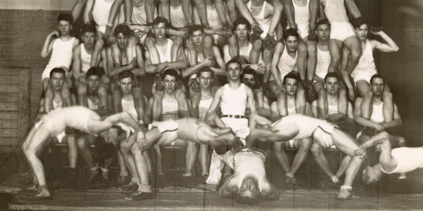 Photographer Unidentified (American) 'Untitled (human pyramid: fifty-six boys in white uniforms arranged in eight levels in a gymnasium)' 20th century (detail)