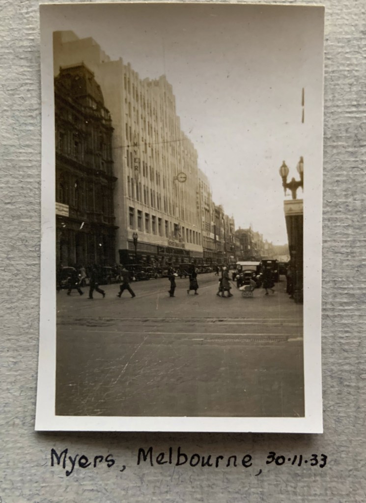 "Myers, Melbourne," November 1933 in John "Jack" Riverstone Faviell 1922-1933 photo album
