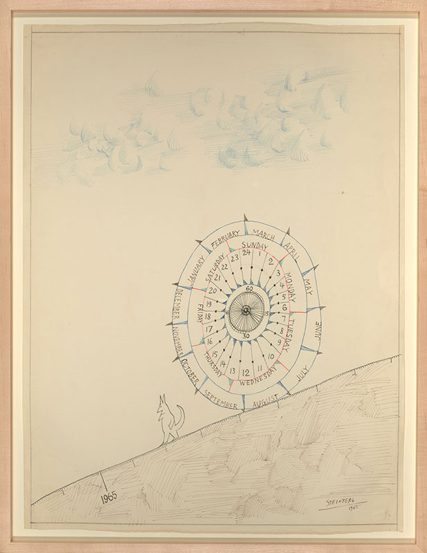 Saul Steinberg (American, b. Romania, 1914-1999) 'Untitled (Cat and wheel of time)' 1965