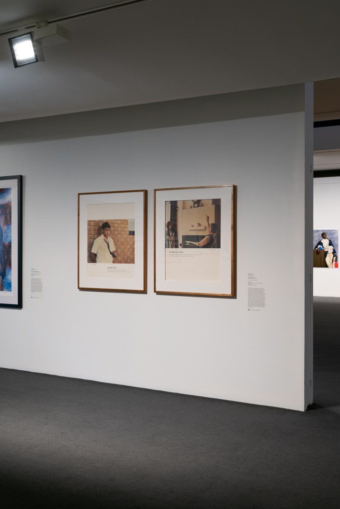 Installation view of the exhibition 'Dressing Up' at the Monash Gallery of Art, Melbourne showing two photographs from Tracey Moffatt's series 'Scarred for life'