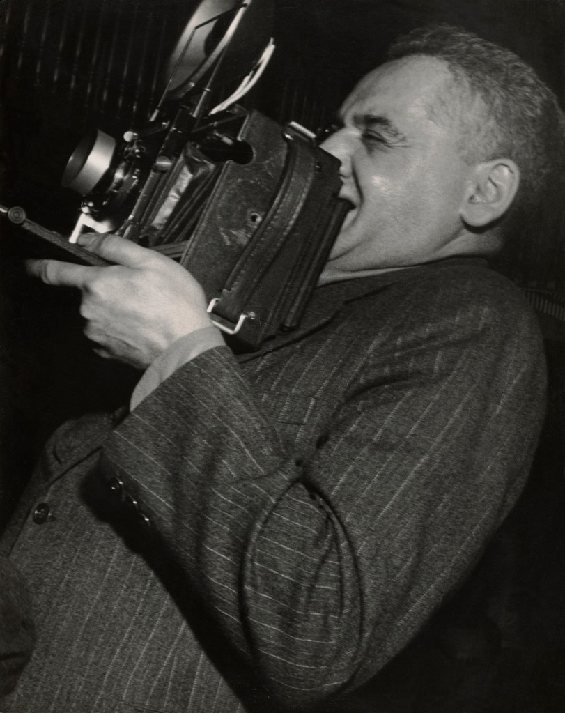 Lisette Model (American born Austria, 1901-1983) 'Weegee, New York' 1945 from the exhibition 'In Focus: The Camera' at the J. Paul Getty Museum, Getty Center, Los Angeles, July 2019 - Jan 2020