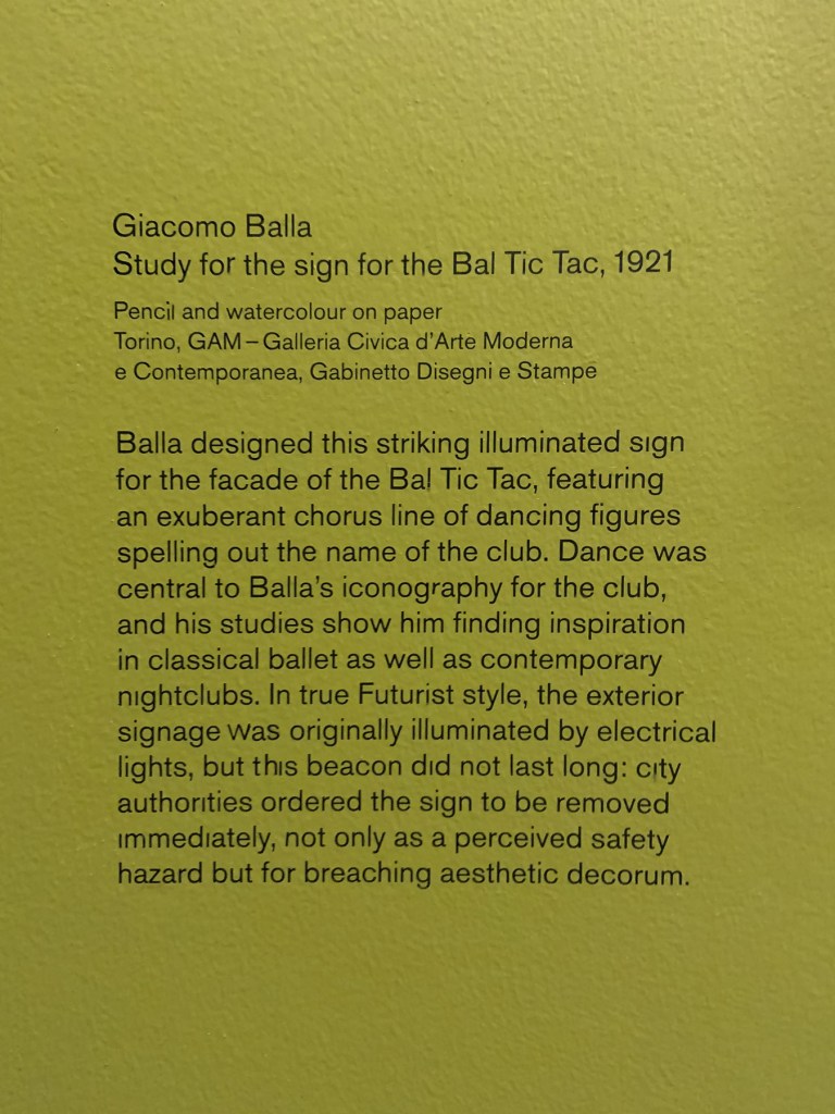Giacomo Balla wall text from the exhibition 'Into the Night: Cabarets and Clubs in Modern Art' at the Barbican Art Gallery, London, October 2019 - January 2019 Giacomo Balla wall text from the exhibition 'Into the Night: Cabarets and Clubs in Modern Art' at the Barbican Art Gallery, London, October 2019 - January 2019