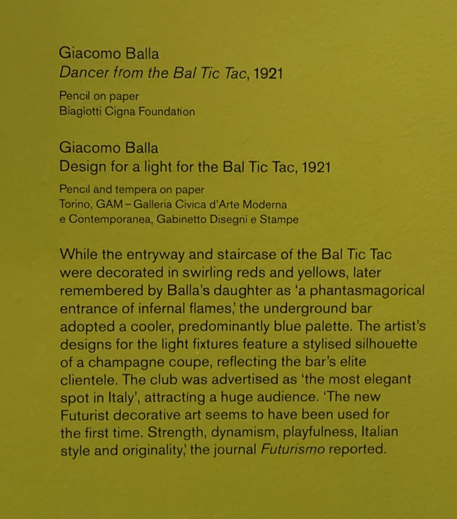 Giacomo Balla wall text from the exhibition 'Into the Night: Cabarets and Clubs in Modern Art' at the Barbican Art Gallery, London, October 2019 - January 2019 Giacomo Balla wall text from the exhibition 'Into the Night: Cabarets and Clubs in Modern Art' at the Barbican Art Gallery, London, October 2019 - January 2019