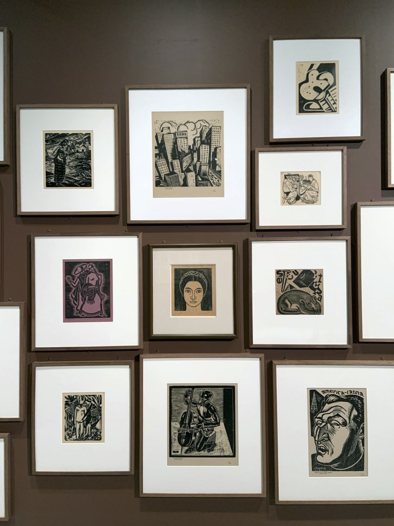 Installation view of the exhibition 'Into the Night: Cabarets and Clubs in Modern Art' at the Barbican Art Gallery showing a group of Mexican woodcuts 1922-1928 Installation view of the exhibition 'Into the Night: Cabarets and Clubs in Modern Art' at the Barbican Art Gallery showing a group of Mexican woodcuts 1922-1928