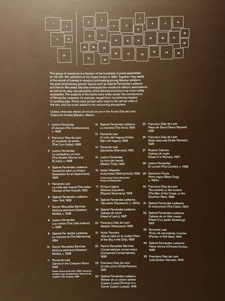 Wall text about Mexican woodcuts from the exhibition 'Into the Night: Cabarets and Clubs in Modern Art' at the Barbican Art Gallery, London, October 2019 - January 2019 Wall text about Mexican woodcuts from the exhibition 'Into the Night: Cabarets and Clubs in Modern Art' at the Barbican Art Gallery, London, October 2019 - January 2019