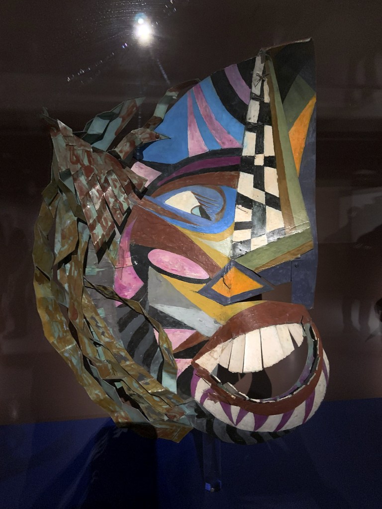 Installation view of the exhibition 'Into the Night: Cabarets and Clubs in Modern Art' at the Barbican Art Gallery showing Germán Cueto's 'Máscara estridentista' (Stridentist Masks), c. 1924 Installation view of the exhibition 'Into the Night: Cabarets and Clubs in Modern Art' at the Barbican Art Gallery showing Germán Cueto's 'Máscara estridentista' (Stridentist Masks), c. 1924