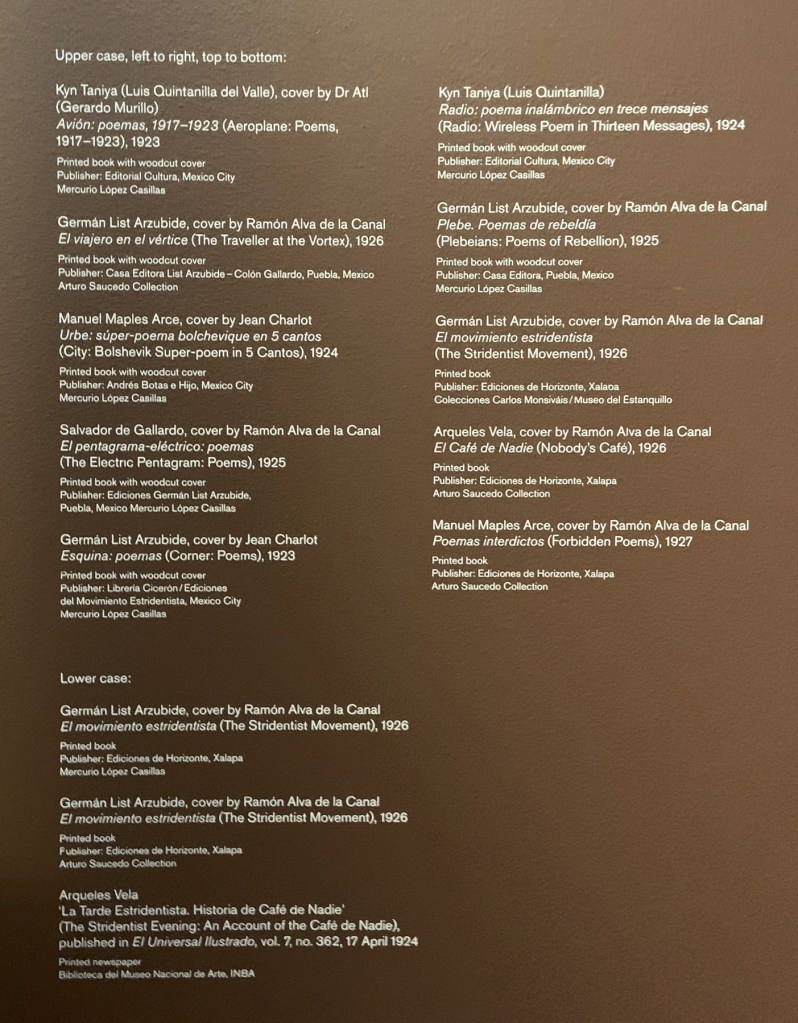 Mexican printed books 1923-1927 wall text from the exhibition 'Into the Night: Cabarets and Clubs in Modern Art' at the Barbican Art Gallery, London, October 2019 - January 2019 Mexican printed books 1923-1927 wall text from the exhibition 'Into the Night: Cabarets and Clubs in Modern Art' at the Barbican Art Gallery, London, October 2019 - January 2019