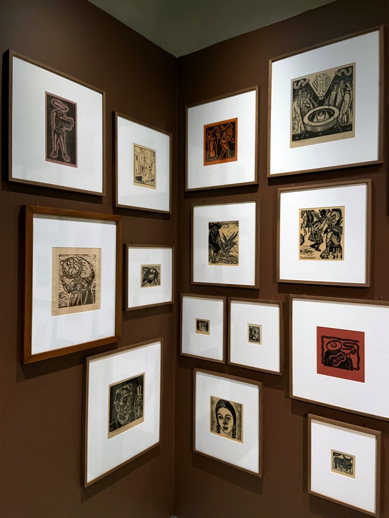 Installation view of the exhibition 'Into the Night: Cabarets and Clubs in Modern Art' at the Barbican Art Gallery showing a group of Mexican woodcuts 1922-1928 Installation view of the exhibition Into the Night: Cabarets and Clubs in Modern Art at the Barbican Art Gallery